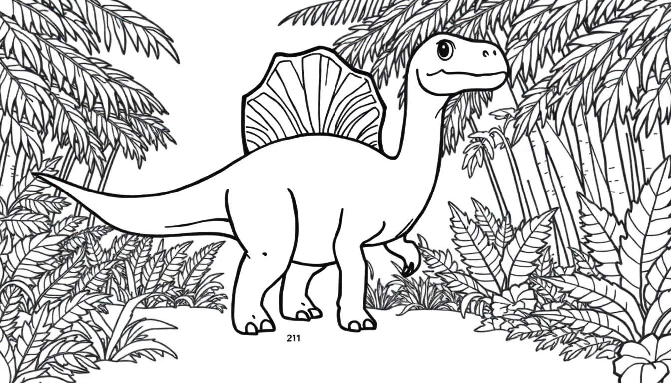 A cartoon Spinosaurus coloring page with a large sail, surrounded by jungle plants.