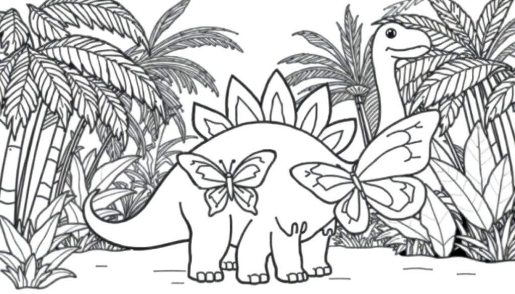 A friendly Spinosaurus, ready for coloring, is playing with a butterfly. This fun color panel features a jungle scene with another long-necked dinosaur peeking through the leaves.