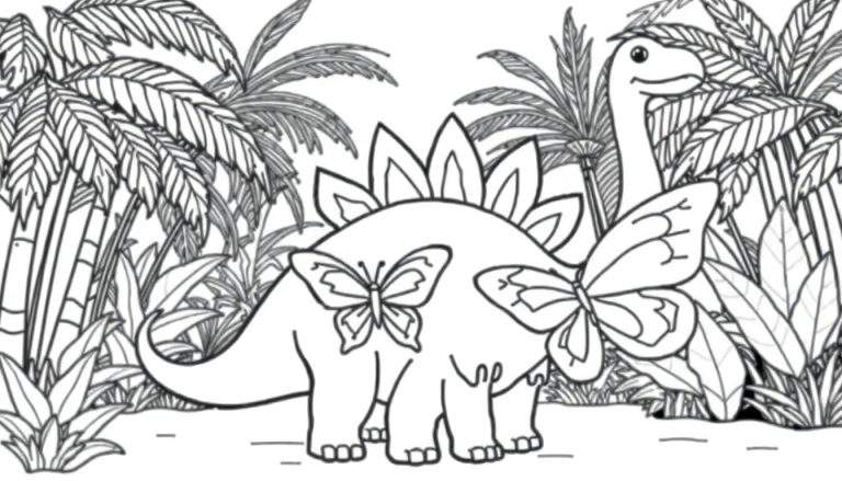 A friendly Spinosaurus, ready for coloring, is playing with a butterfly. This fun color panel features a jungle scene with another long-necked dinosaur peeking through the leaves.