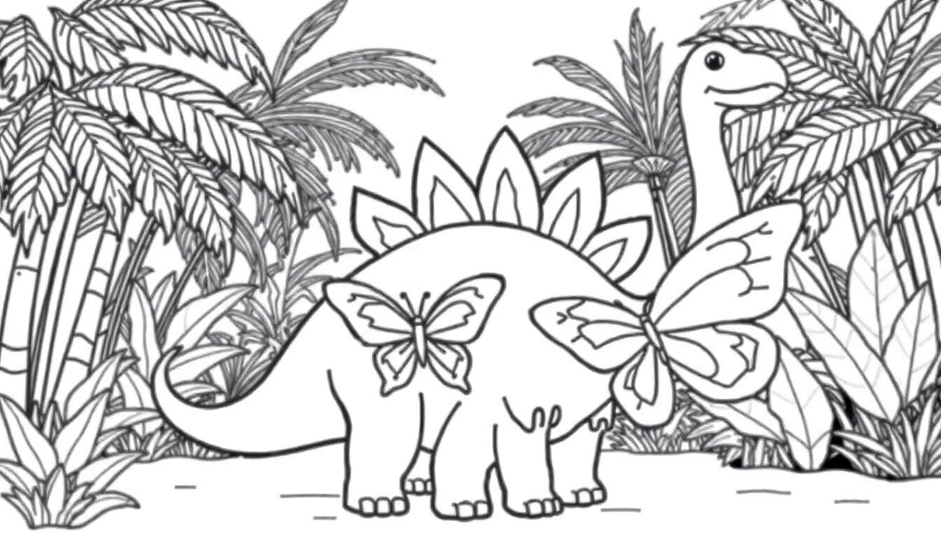 A friendly Spinosaurus, ready for coloring, is playing with a butterfly. This fun color panel features a jungle scene with another long-necked dinosaur peeking through the leaves.