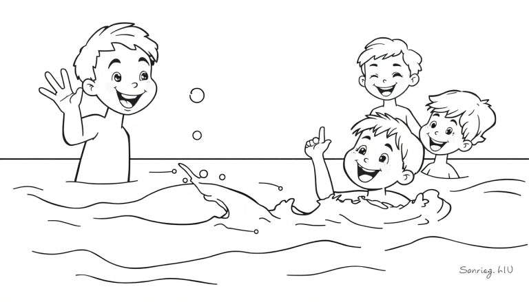 A black and white color panel drawing of four boys in water, one pointing, one waving, and two watching.