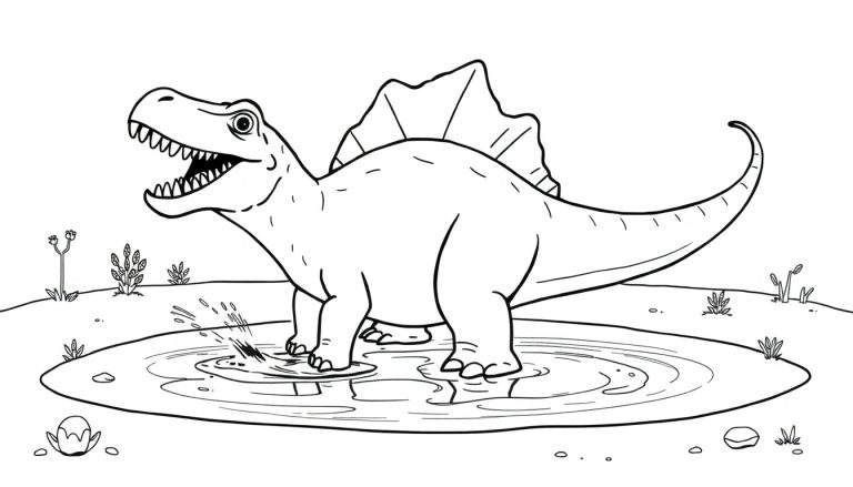 A friendly Spinosaurus splashing in a puddle, ready for coloring, a fun color panel.
