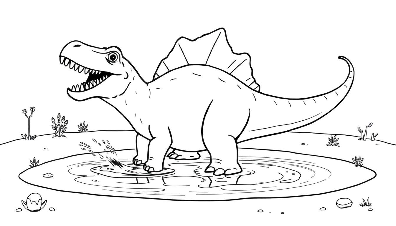 A friendly Spinosaurus splashing in a puddle, ready for coloring, a fun color panel.