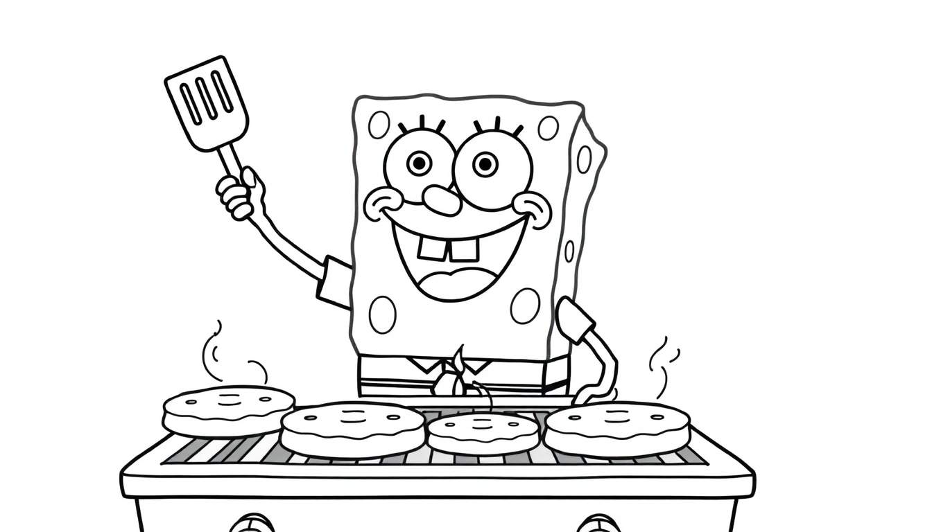 SpongeBob SquarePants in a black and white coloring panel happily flipping Krabby Patties with a spatula.
