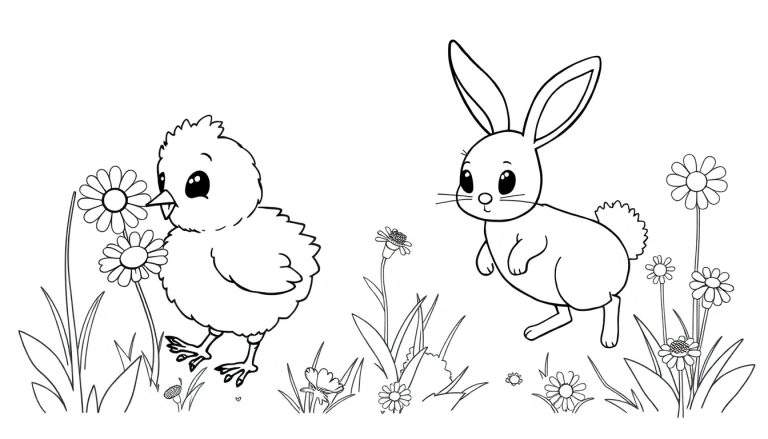 A black and white drawing color panel of a fluffy chick and a bunny hopping through a field of flowers.