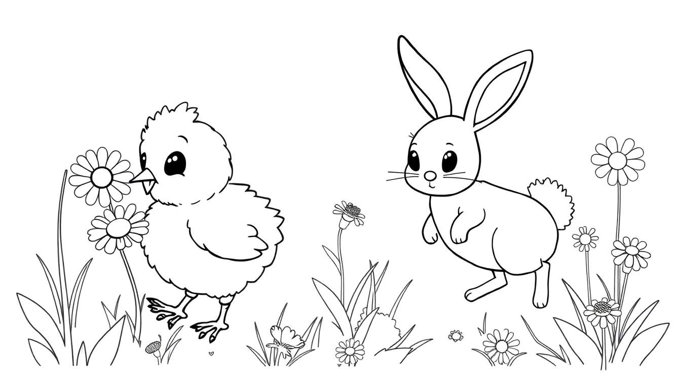 A black and white drawing color panel of a fluffy chick and a bunny hopping through a field of flowers.