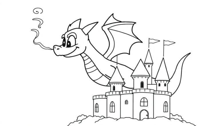 A cute cartoon dragon, like Spyro, flying and breathing a gentle puff of smoke over a castle, presented as a black and white coloring panel.