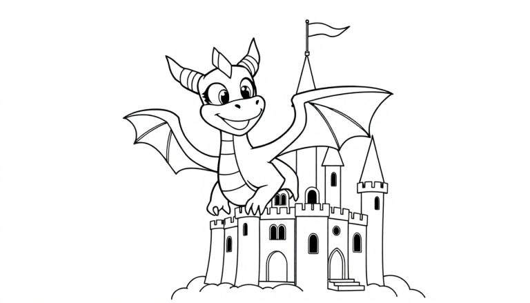 A cute smiling dragon perched on a castle, ready for coloring! A fun color panel for kids.