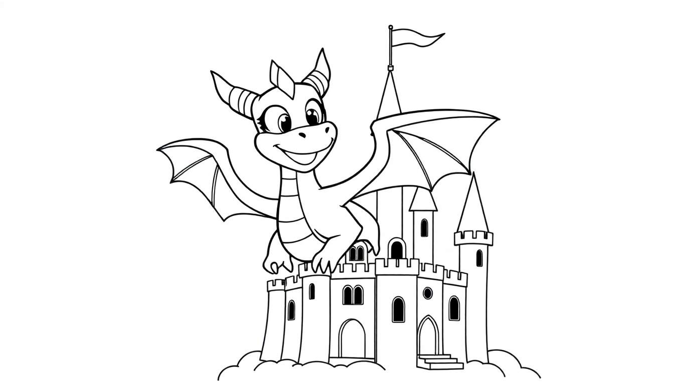 A cute smiling dragon perched on a castle, ready for coloring! A fun color panel for kids.
