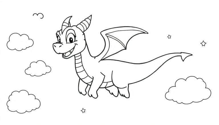 A cute black and white coloring page of Spyro the dragon flying joyfully through the clouds, ready for adventure! This color panel features a happy dragon with wings spread wide.