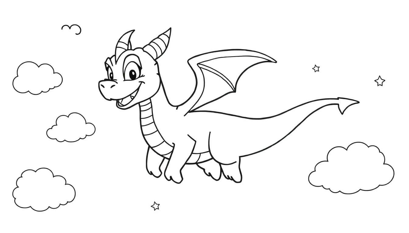 A cute black and white coloring page of Spyro the dragon flying joyfully through the clouds, ready for adventure! This color panel features a happy dragon with wings spread wide.