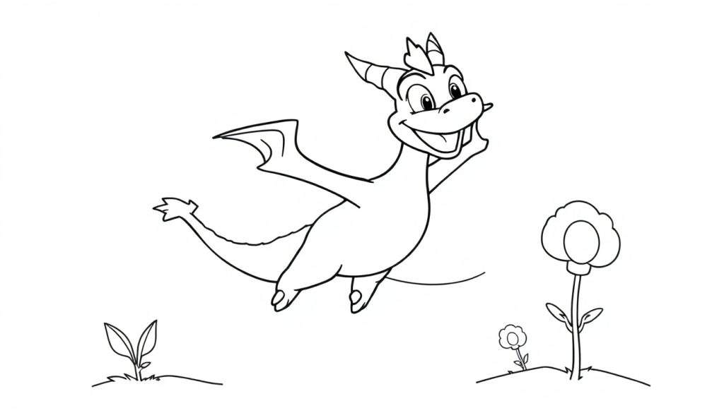 A cute purple dragon Spyro in a black and white color panel, with wings, horns, and a friendly smile, flying over plants.