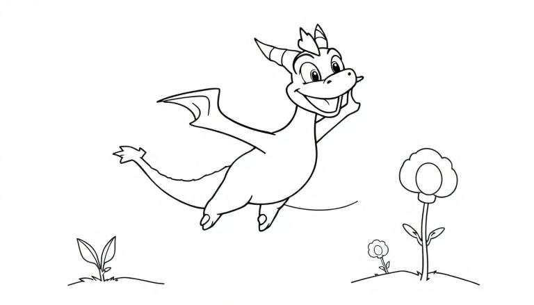 A cute purple dragon Spyro in a black and white color panel, with wings, horns, and a friendly smile, flying over plants.
