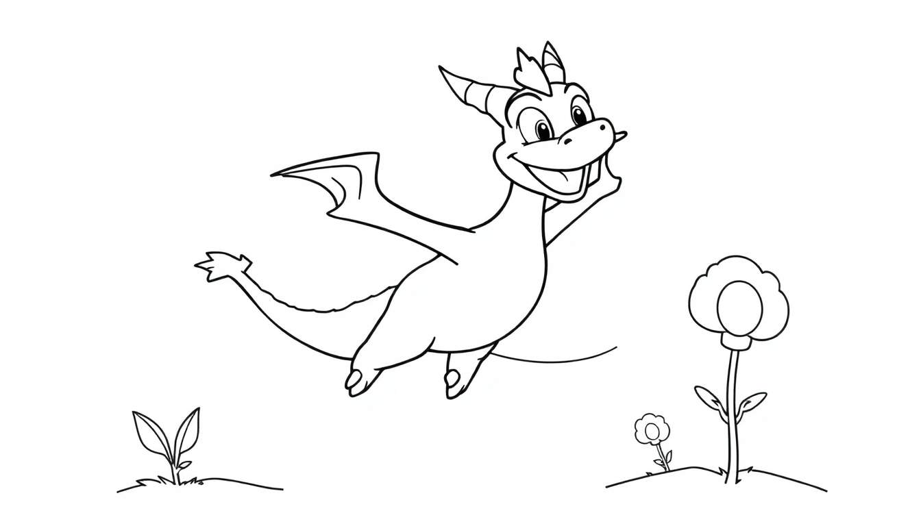 A cute purple dragon Spyro in a black and white color panel, with wings, horns, and a friendly smile, flying over plants.