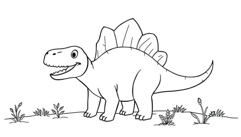 A friendly Stegosaurus coloring page, ready for your art! Big plates on its back, smiling face, simple lines, a color panel for fun.