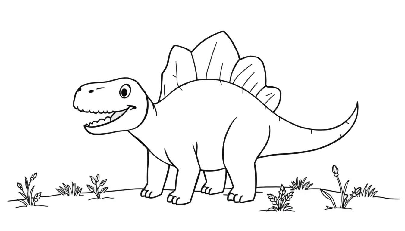 A friendly Stegosaurus coloring page, ready for your art! Big plates on its back, smiling face, simple lines, a color panel for fun.