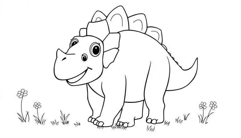 A friendly Stegosaurus color panel with large plates and a smiling face.