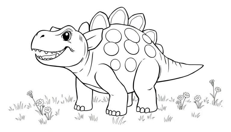 A smiling Stegosaurus coloring panel.