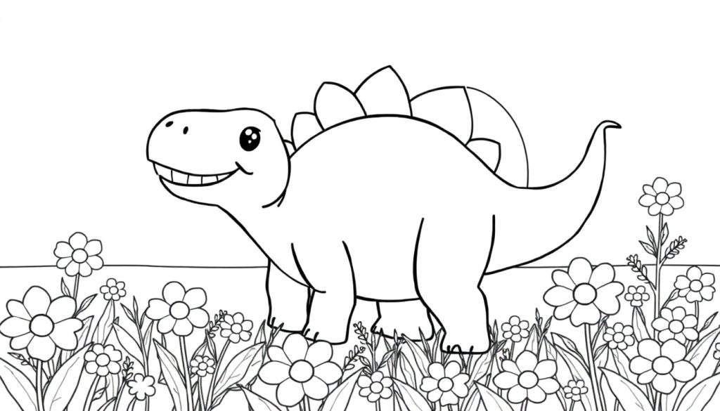 A friendly stegosaurus coloring panel smiling in a field of flowers.