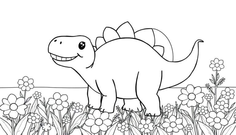 A friendly stegosaurus coloring panel smiling in a field of flowers.