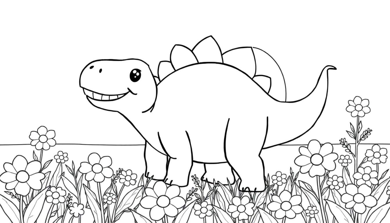 A friendly stegosaurus coloring panel smiling in a field of flowers.
