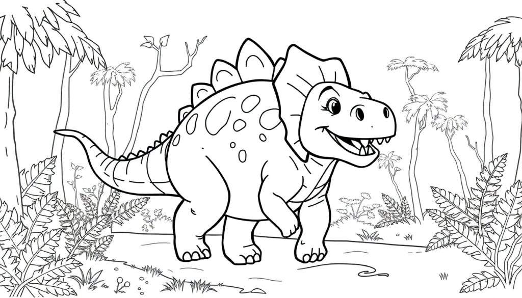 A smiling stegosaurus in a jungle color panel, ready for fun!