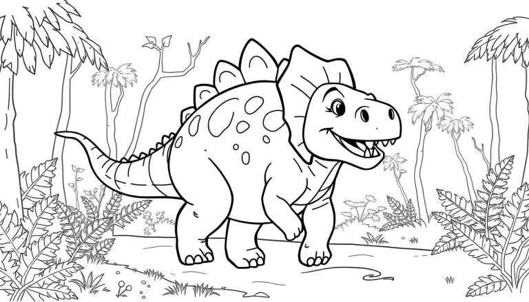 A smiling stegosaurus in a jungle color panel, ready for fun!