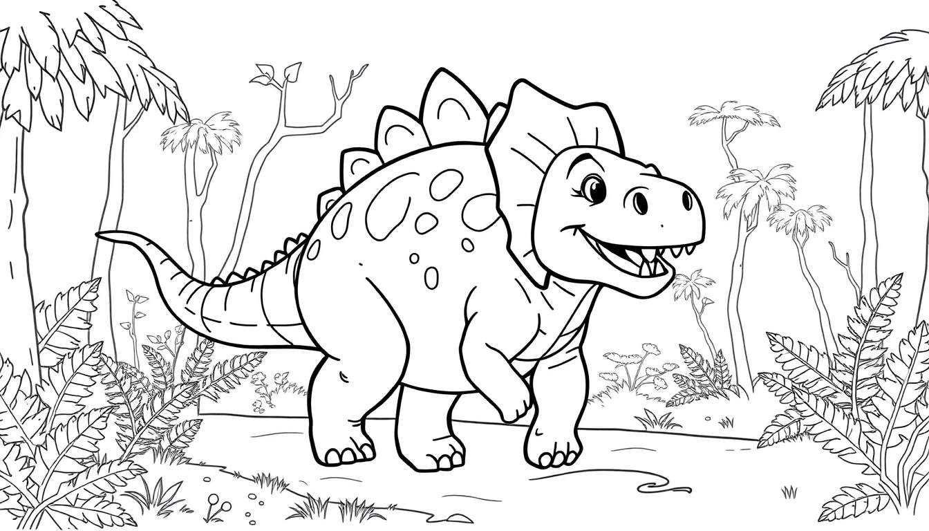 A smiling stegosaurus in a jungle color panel, ready for fun!