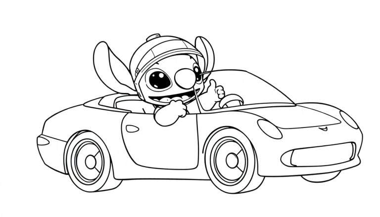 Stitch coloring a race car.