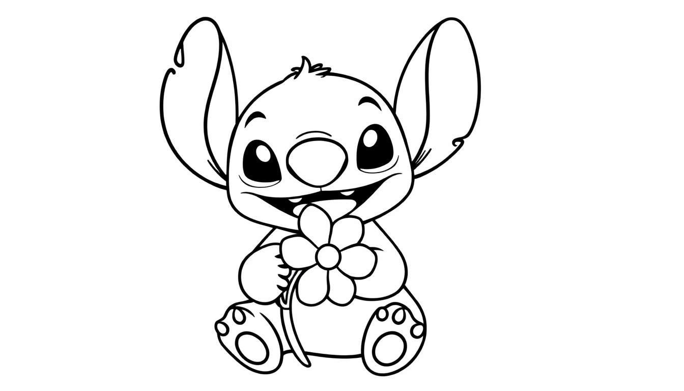 A cute black and white Stitch coloring page, a fun color panel for kids.