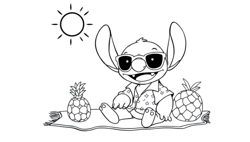 A black and white outline coloring page of Stitch, the blue alien, smiling and waving with Hawaiian elements.