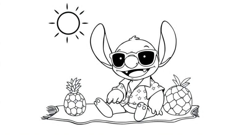 A black and white outline coloring page of Stitch, the blue alien, smiling and waving with Hawaiian elements.