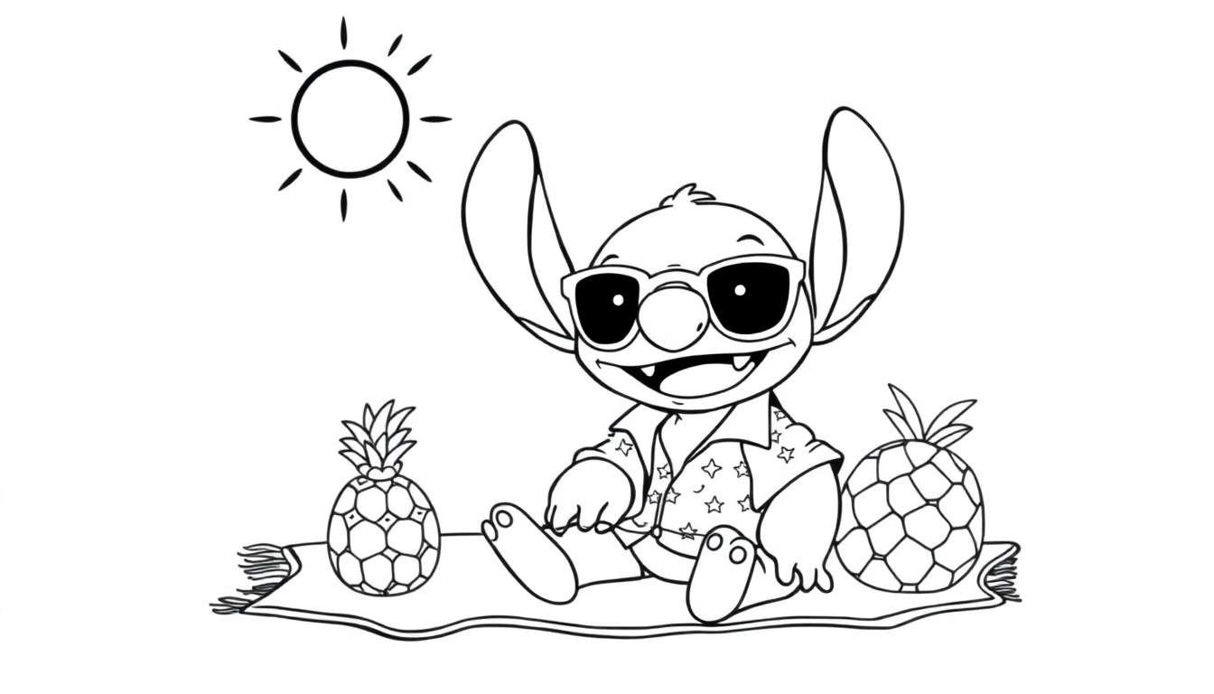 A black and white outline coloring page of Stitch, the blue alien, smiling and waving with Hawaiian elements.
