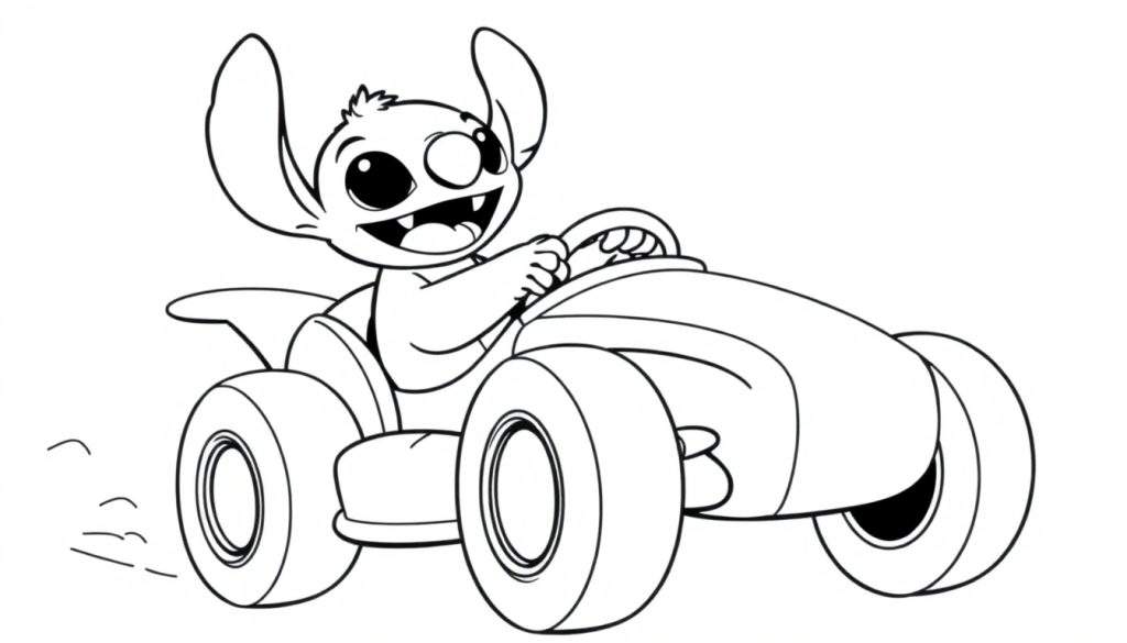 Stitch coloring a race car.