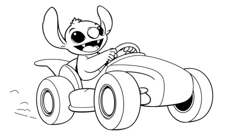 Stitch coloring a race car.