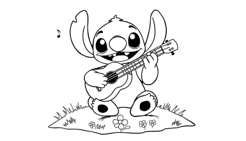 Stitch the cute alien from Lilo & Stitch playing a ukulele as a black and white color panel for kids to color.