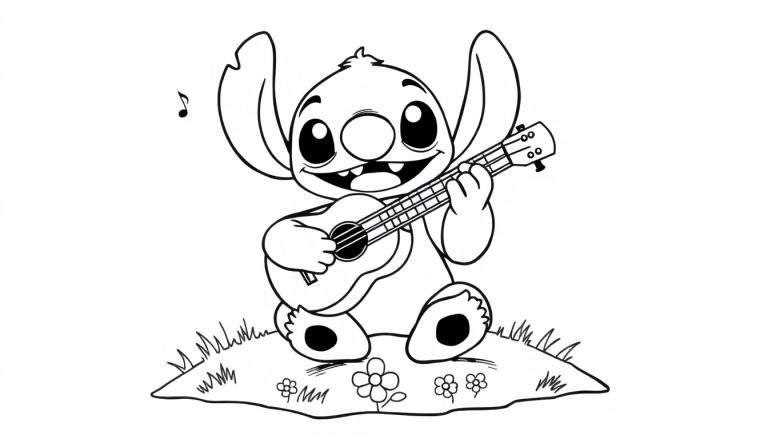 Stitch the cute alien from Lilo & Stitch playing a ukulele as a black and white color panel for kids to color.