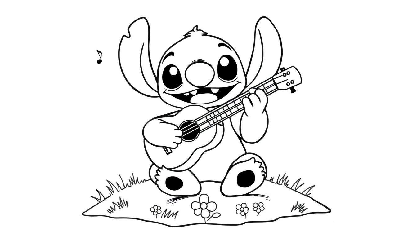 Stitch the cute alien from Lilo & Stitch playing a ukulele as a black and white color panel for kids to color.