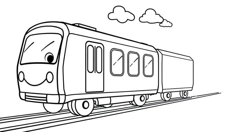 A cartoon subway train with a smiling face, ready for a color panel.