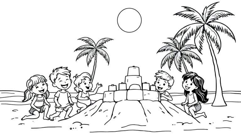 A fun summer beach coloring page for kids, featuring children playing, a sandcastle, palm trees, and the sun.