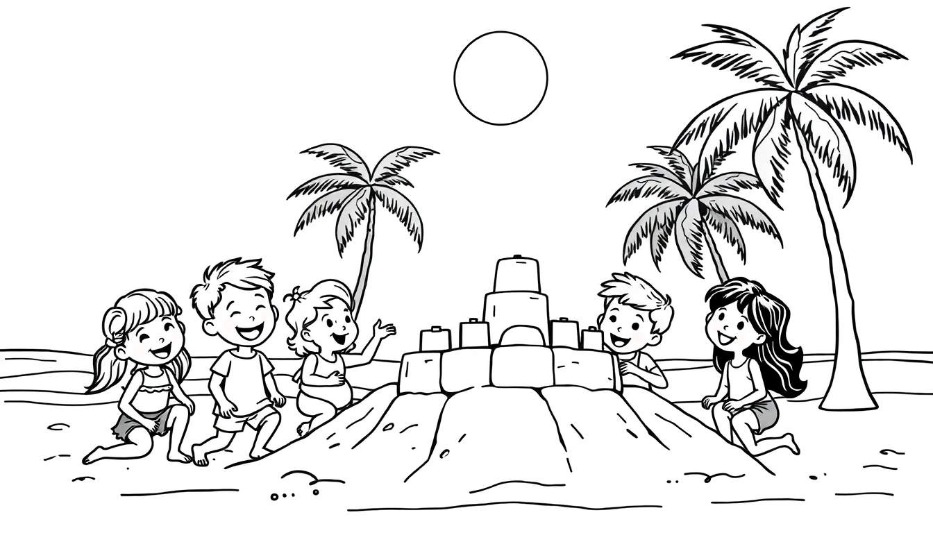 A fun summer beach coloring page for kids, featuring children playing, a sandcastle, palm trees, and the sun.