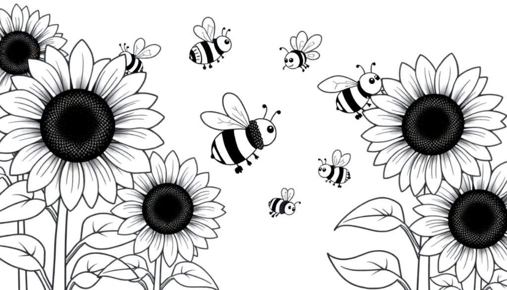 A black and white coloring page featuring happy sunflowers and busy bees, ready for a color panel.