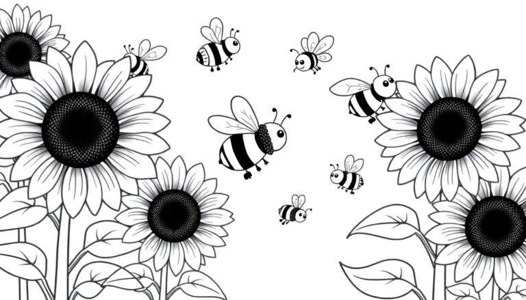 A black and white coloring page featuring happy sunflowers and busy bees, ready for a color panel.