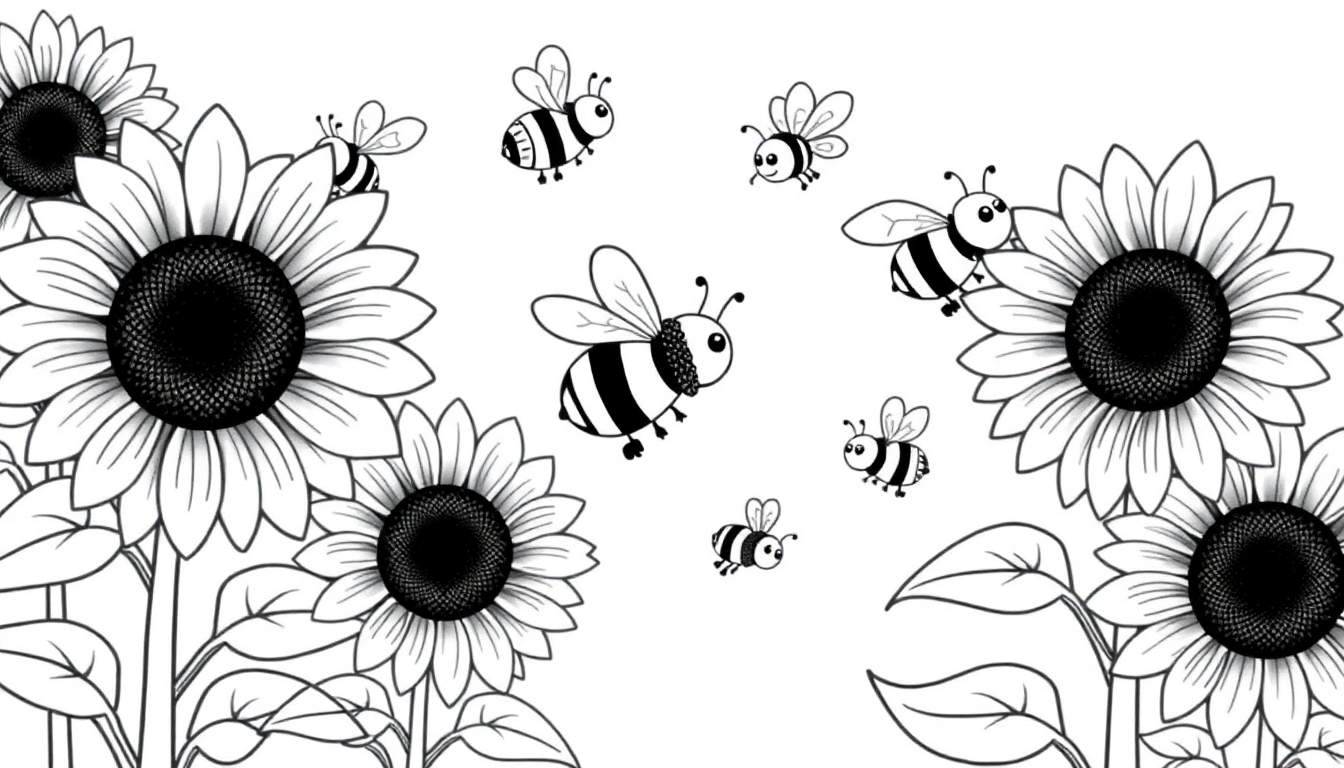 A black and white coloring page featuring happy sunflowers and busy bees, ready for a color panel.