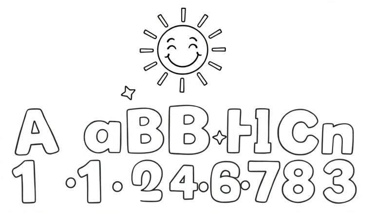 A black and white color panel with a cheerful sun, alphabet letters like A, a, B, B, H, C, n, and numbers like 1, 1, 2, 4, 6, 7, 8, 3, suitable for children's coloring.