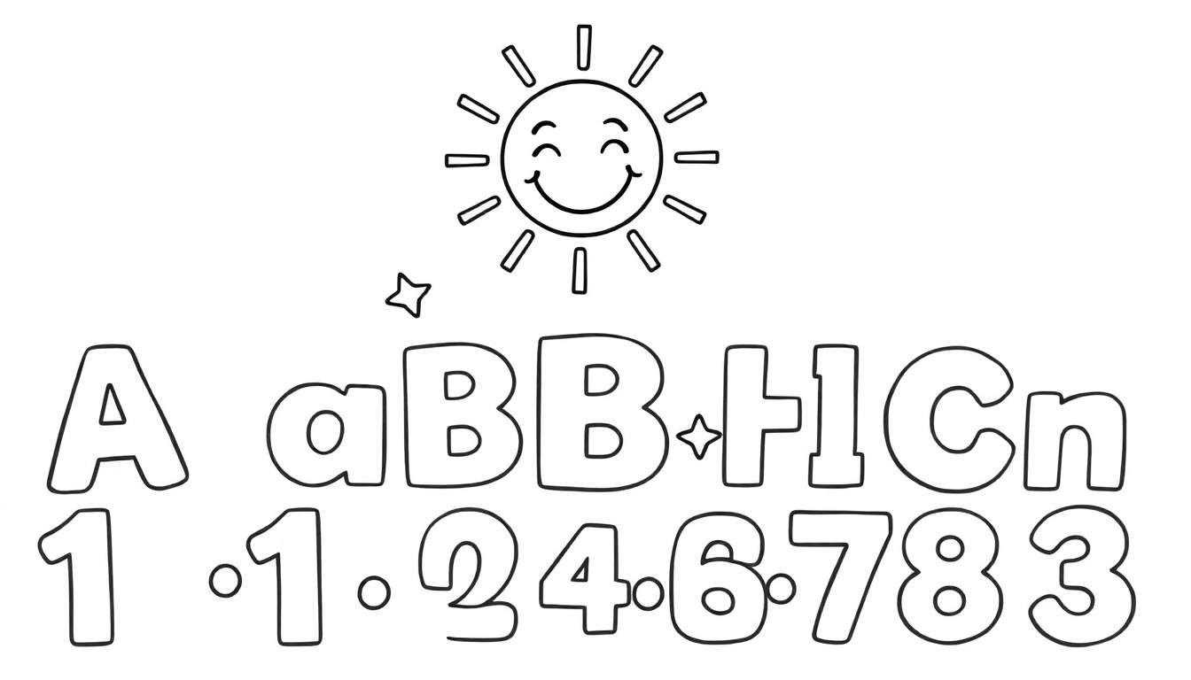 A black and white color panel with a cheerful sun, alphabet letters like A, a, B, B, H, C, n, and numbers like 1, 1, 2, 4, 6, 7, 8, 3, suitable for children's coloring.