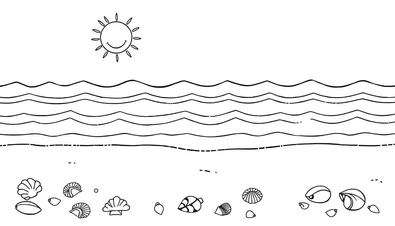 A happy sun smiles over a wavy ocean and a sandy beach with scattered seashells, all presented as a black and white outline for a color panel.
