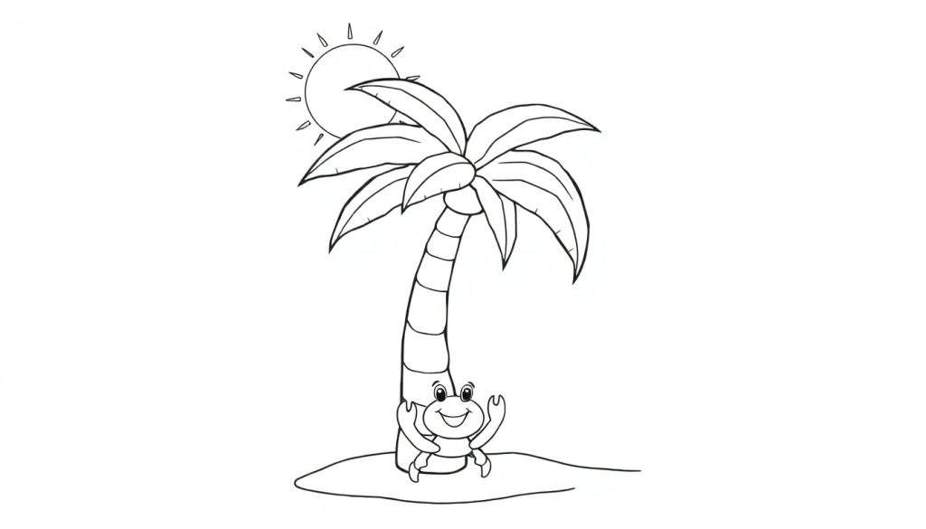 A black and white coloring page of a friendly palm tree on a beach with a happy crab and the sun. This is a fun color panel for kids.