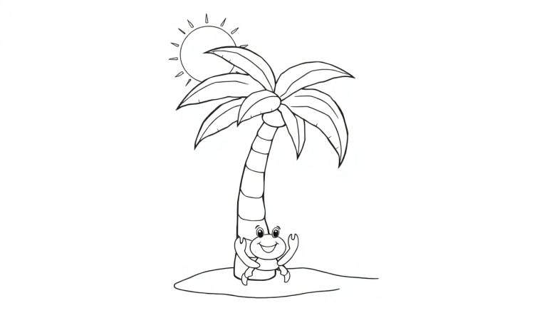 A black and white coloring page of a friendly palm tree on a beach with a happy crab and the sun. This is a fun color panel for kids.
