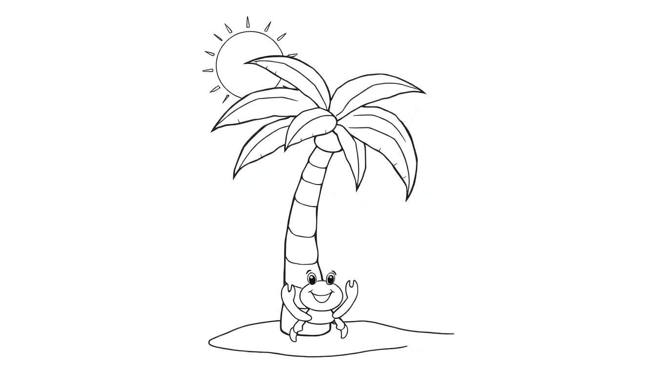 A black and white coloring page of a friendly palm tree on a beach with a happy crab and the sun. This is a fun color panel for kids.